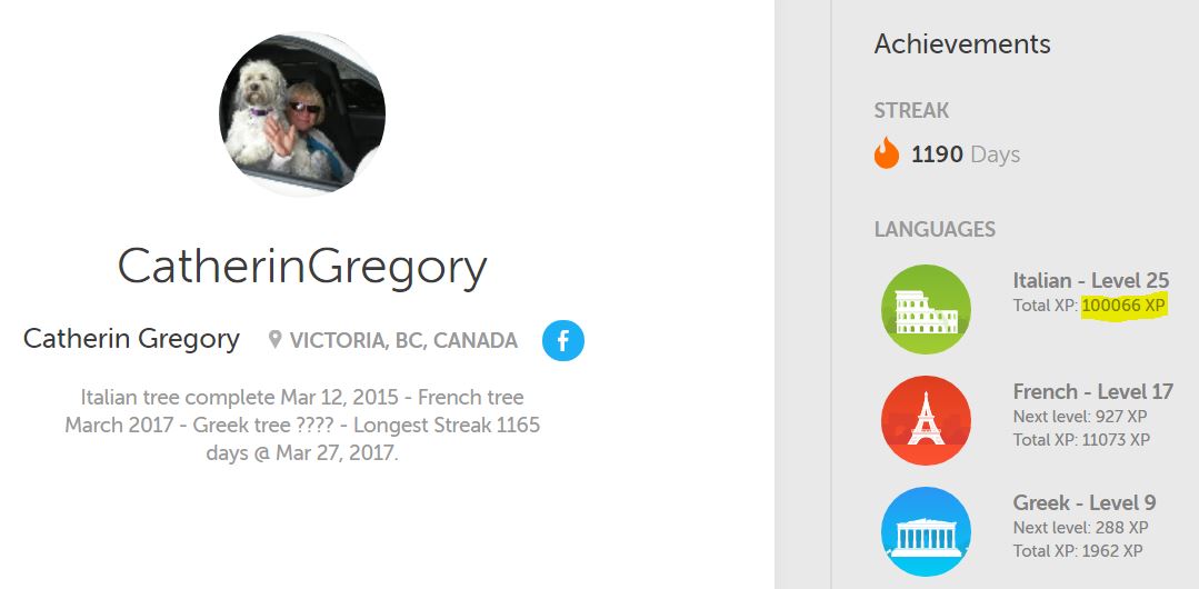 Apr 21, 2017 - Reaching 100,000xp in Italian on Duolingo